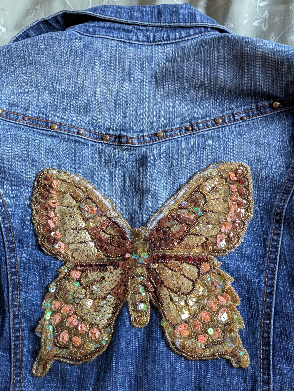Vtg Younique women's acid wash stretch blue denim butterfly jacket sz med
